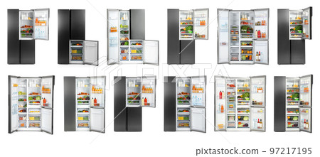 Collage of modern refrigerators on white background Collage of modern refrigerators on white background 97217195