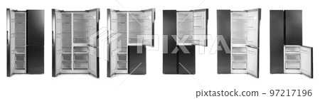 Collage of modern refrigerators on white background Collage of modern refrigerators on white background 97217196