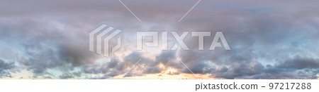 Dark blue sunset sky panorama with pink Cumulus clouds. Seamless hdr 360 panorama in spherical equirectangular format. Full zenith for 3D visualization, sky replacement for aerial drone panoramas. 97217288