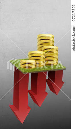 Stack of coins with a decreasing arrow 97217802