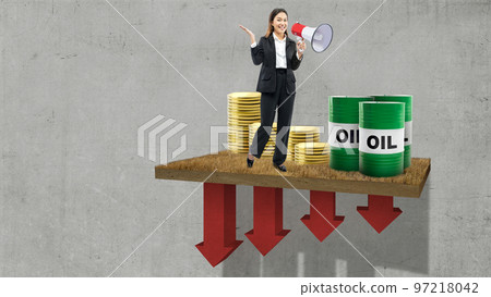 Asian businesswoman with a megaphone and an oil barrel Asian businesswoman with a megaphone and an oil barrel 97218042