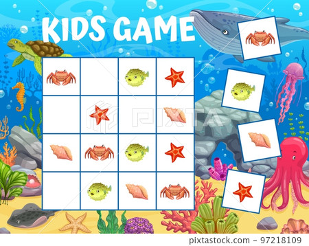 Sudoku kids game cartoon underwater landscape and animals. Kids vector riddle with crab, starfish, puffer fish and shell on chequered board. Educational task, children crossword teaser, boardgame 97218109