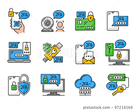 2FA two factor verification color icons or 2 step authentication vector outline symbols. 2FA or user data secure access and authentication icons of mobile phone and e-mail password and USB key token 97218168