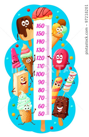 Kids height chart with ice cream desserts. Cartoon vector stadiometer growth meter, wall sticker of height measurement with icecream cone, popsicle, gelato and eskimo, fruit or waffle funny characters Kids height chart with ice cream desserts. Cartoon vector stadiometer growth meter, wall sticker of height measurement with icecream cone, popsicle, gelato and eskimo, fruit or waffle funny characters 97218201
