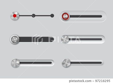 UI slider bar buttons. Music player volume, audio play stainless steel toggle, power control switch silver plastic or aluminum panel. Software user interface, mobile app realistic vector push sliders 97218295