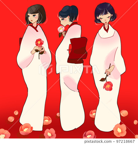 三個穿著山茶花和服的女人 97218667