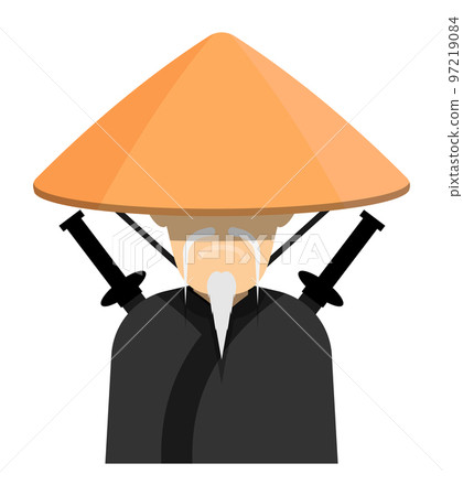 Japanese samurai with gray beard and mustache in national straw hat. Ancient warrior in traditional dress with swords behind his back. Cartoon character. Vector isolated on white background Japanese samurai with gray beard and mustache in national straw hat. Ancient warrior in traditional dress with swords behind his back. Cartoon character. Vector isolated on white background 97219084