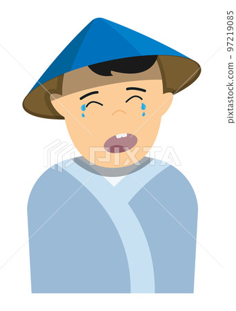 Little asian boy in national clothes and round hat cries from grief and resentment. Kid has bad mood. Cartoon character colored Vector isolated on white background Little asian boy in national clothes and round hat cries from grief and resentment. Kid has bad mood. Cartoon character colored Vector isolated on white background 97219085