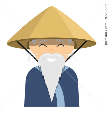 Asian elderly man with long gray beard wearing national straw round hat. Thai farmer in traditional dress. Cartoon character. Vector isolated on white background Asian elderly man with long gray beard wearing national straw round hat. Thai farmer in traditional dress. Cartoon character. Vector isolated on white background 97219086