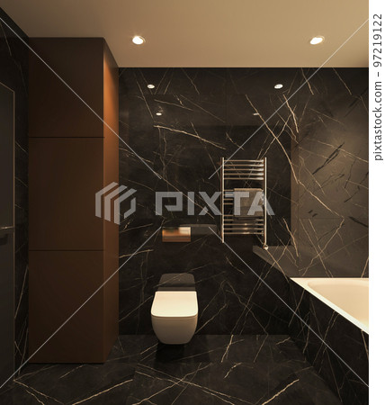 Dark bathroom interior with black marble and white toilet. Minimalist design modern luxury furniture. 3d render. High quality illustration. 97219122