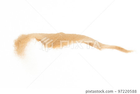 Small size fine Sand flying explosion, Golden grain wave explode. Abstract cloud fly. Yellow colored sand splash silica in Air. White background Isolated high speed shutter, throwing freeze shot 97220588