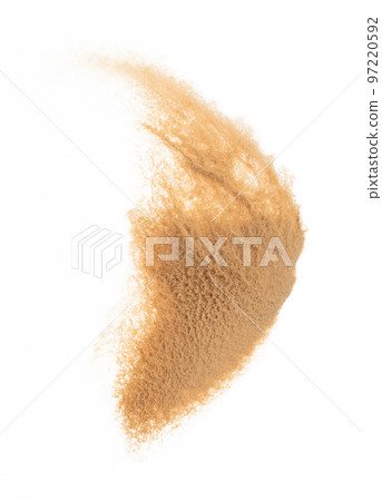 Small size fine Sand flying explosion, Golden grain wave explode. Abstract cloud fly. Yellow colored sand splash silica in Air. White background Isolated high speed shutter, throwing freeze shot 97220592