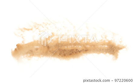 Small size fine Sand flying explosion, Golden grain wave explode. Abstract cloud fly. Yellow colored sand splash silica in Air. White background Isolated high speed shutter, throwing freeze shot 97220600