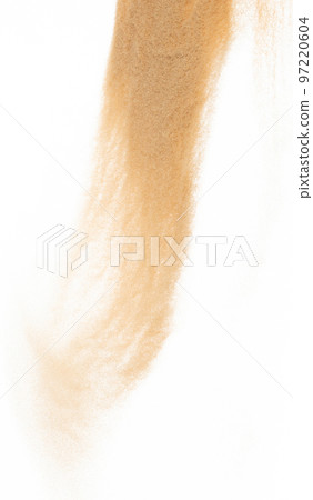 Small size fine Sand flying explosion, Golden grain wave explode. Abstract cloud fly. Yellow colored sand splash silica in Air. White background Isolated high speed shutter, throwing freeze shot 97220604