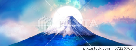 Mt. Fuji wide size illustration with a magnificent New Year's mystical night sky that shines from behind Mt. Fuji wide size illustration with a magnificent New Year's mystical night sky that shines from behind 97220769