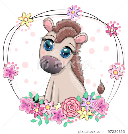 Cute donkey in flowers, with balloons, spring theme. Postcard for the holiday. 97220833