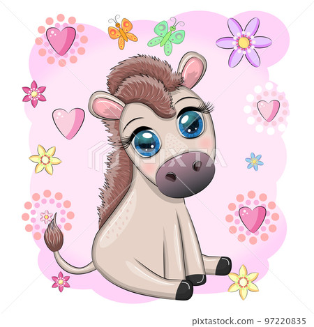 Cute donkey in flowers, with balloons, spring theme. Postcard for the holiday. 97220835