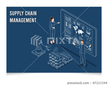 3D isometric Logistics Supply Chain Management concept with description of Fleet management, Warehousing, Materials handling, Inventory and Demand planning. Vector illustration eps10 97221344