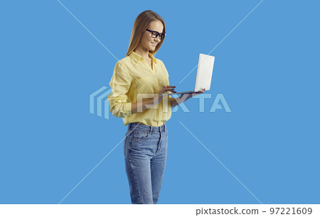 Young woman use computer working online Young woman use computer working online 97221609