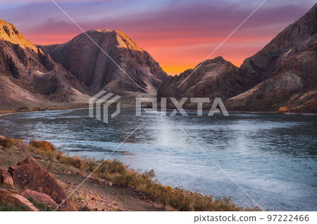 Ili river view in rocky gorge on sunrise sky background, Almaty region, Central asian nature scenery landscape 97222466