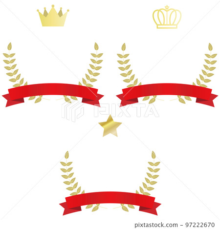 Illustration set of gold laurels with crowns and stars and red ribbons 97222670