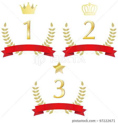 Illustration set of 1st, 2nd and 3rd place laurel ornaments with crowns and stars and red ribbons 97222671