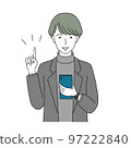 A young man pointing and operating a smartphone with a smile 97222840