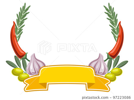 Background with rosemary and chili pepper, olive branch and garlic. Spicy for cooking. 97223086