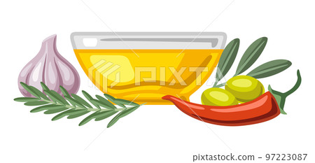 Background with flavored oil rosemary and chili pepper, olive branch and garlic. Spicy for cooking. 97223087