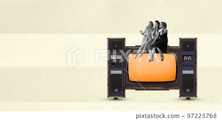 Contemporary art collage. Stylish young women sitting on vintage TV set and talking. Fashion show 97223768