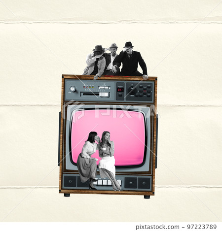 Contemporary art collage. Elegant beautiful woman sitting near retro TV set, group of men looking at them. Meeting Contemporary art collage. Elegant beautiful woman sitting near retro TV set, group of men looking at them. Meeting 97223789