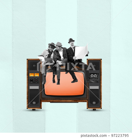 Contemporary art collage. Stylish men, friends, gentleman sitting on retro TV set and reading news. Journalism 97223795