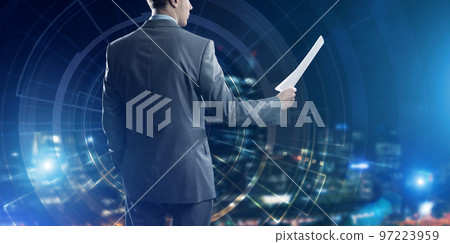 Digital background with infographs and man extending papers or contract Digital background with infographs and man extending papers or contract 97223959