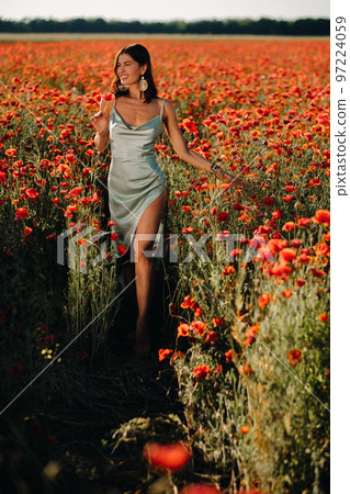 Portrait of a girl in a dress on a poppy field at sunset 97224059