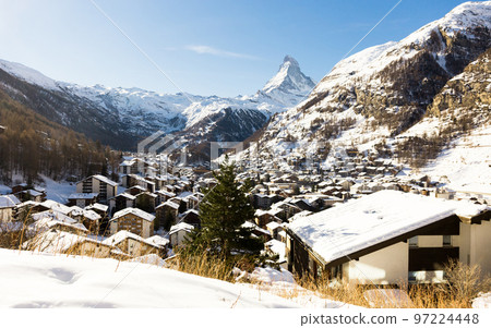 View of the Matterhorn during the day in winter. Zermatt, Switzerland View of the Matterhorn during the day in winter. Zermatt, Switzerland 97224448