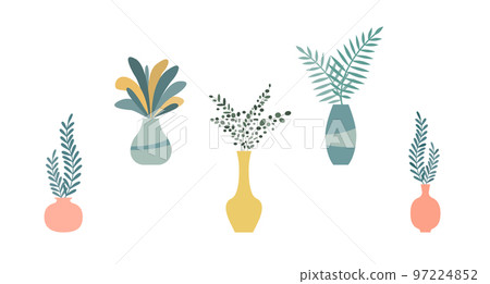 Set of cute Flowers and plants in vases. House plants in vases. 97224852