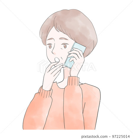 Surprised Illustration of a senior woman making a phone call on her smartphone (watercolor style) 97225014