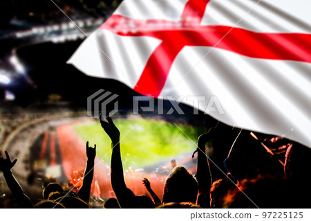 england supporters - double exposure of England flag and football fans celebrating victory 97225125