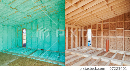 Photo collage before and after thermal insulation room in wooden frame house in Scandinavian style barnhouse. Comparison of walls sprayed by polyurethane foam. Construction and insulation concept. 97225401