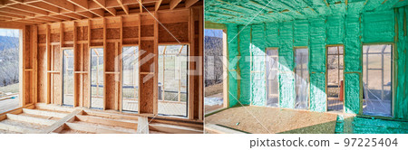 Photo collage before and after thermal insulation room in wooden frame house in Scandinavian style barn house. Comparison of walls sprayed by polyurethane foam. Construction and insulation concept. Photo collage before and after thermal insulation room in wooden frame house in Scandinavian style barn house. Comparison of walls sprayed by polyurethane foam. Construction and insulation concept. 97225404