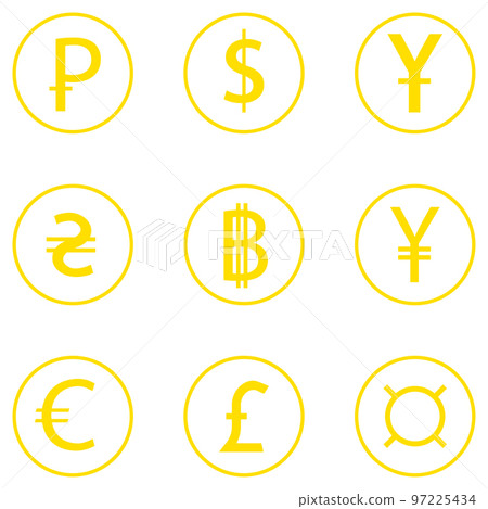 Set of currency currencies. Dollar, Euro, Russian ruble, Ukrainian hryvnia, Bitcoin. On a white background Set of currency currencies. Dollar, Euro, Russian ruble, Ukrainian hryvnia, Bitcoin. On a white background 97225434
