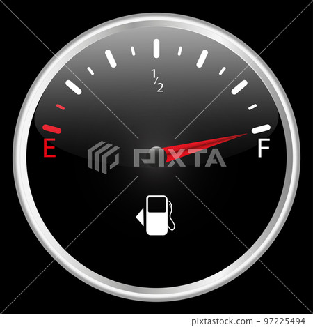 The round fuel gauge is realistic. Detail of the dashboard of a motorcycle car and other transport. Black. Isolated on black background. Vector The round fuel gauge is realistic. Detail of the dashboard of a motorcycle car and other transport. Black. Isolated on black background. Vector 97225494