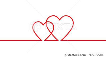 Continuous line drawing of two hearts, red and white vector minimalistic illustration concept of love. Vector 97225501