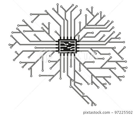 Computer board in the form of a human brain in black with a processor. Abstract illustration of scientific technology. Isolated on white background. Flat style. Graphic concept for your design. Vector 97225502