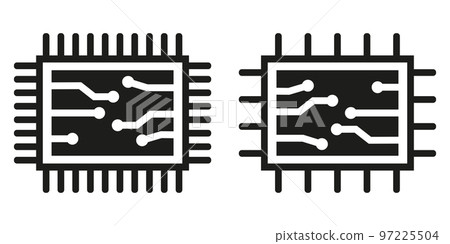 Two chip or microchip icons. Central computer processor, black chip symbol. Flat style 97225504