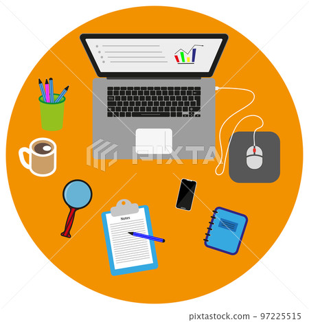 Isometric workspace workplace concept isolated. Visualization of digital devices such as laptop, smartphone. Desktop computer. Vector 97225515