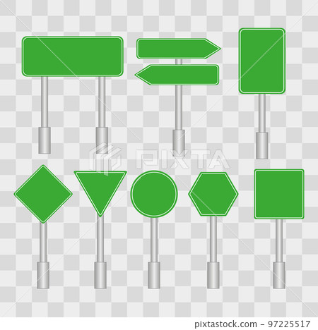 Set of green road signs on a transparent background in a flat style. Blank signs with place for text. Vector 97225517