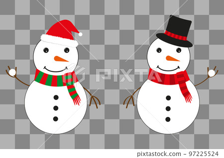 Two snowmen in a hat of Santa Claus and a magician's hat. Snowballs in hands. Christmas illustration. Vector 97225524