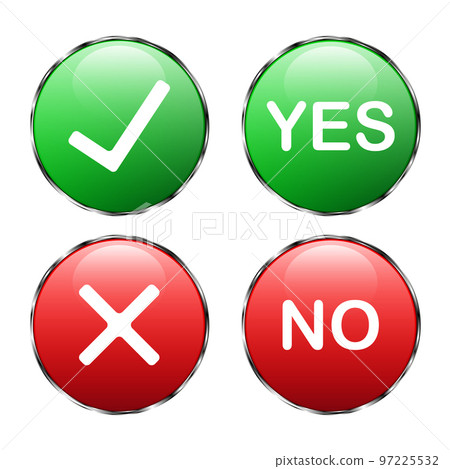Green tick and red cross. Yes or no. 3D button with shadow on a white background with a metal outline. True or false. Buttons for websites, gadgets, applications, etc. Vector 97225532