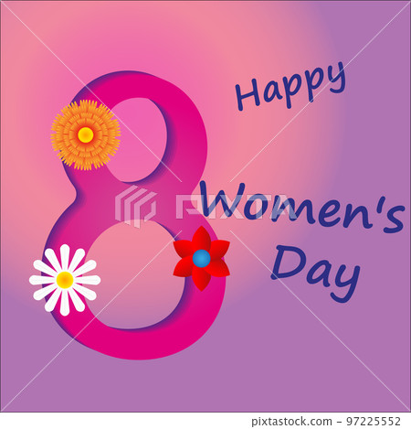 Women's day greeting card with square frame and paper cut flowers on colorful modern geometric background. Postcard March 8. Text with flowers. Vector 97225552